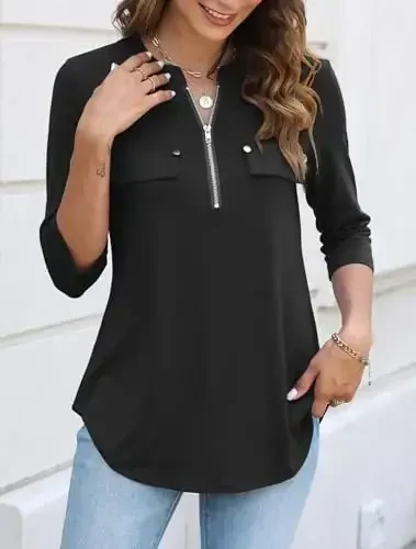 Halife Women's 3/4 Length Sleeve V Neck Flowy Tunic Blouses Work Tops Shirts with Zippers - 4