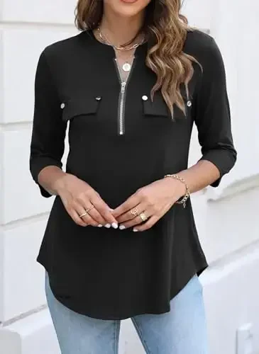 Halife Women's 3/4 Length Sleeve V Neck Flowy Tunic Blouses Work Tops Shirts with Zippers - 3
