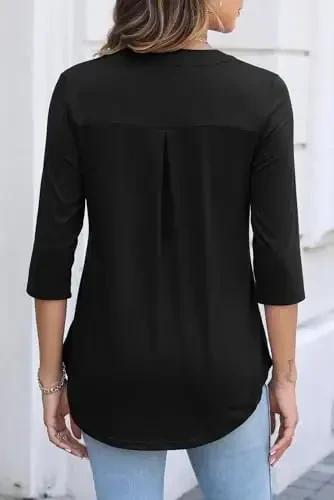 Halife Women's 3/4 Length Sleeve V Neck Flowy Tunic Blouses Work Tops Shirts with Zippers - 5