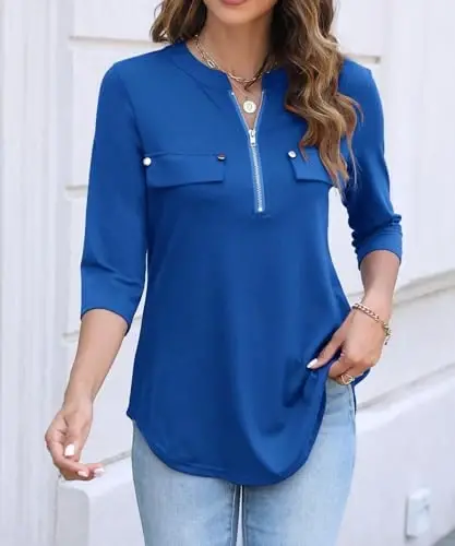 Halife Women's 3/4 Length Sleeve V Neck Flowy Tunic Blouses Work Tops Shirts with Zippers - HALIFE (1)