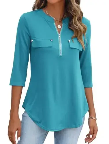 Halife Women's 3/4 Length Sleeve V Neck Flowy Tunic Blouses Work Tops Shirts with Zippers - MODAZONE