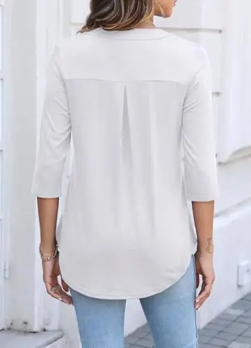 Halife Women's 3/4 Length Sleeve V Neck Zip Flowy Dressy Casual Tops Blouse 