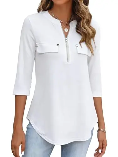 Halife Women's 3/4 Length Sleeve V Neck Flowy Tunic Blouses Work Tops Shirts with Zippers - HALIFE
