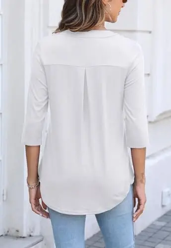 Halife Women's 3/4 Length Sleeve V Neck Flowy Tunic Blouses Work Tops Shirts with Zippers - MODAZONE (1)