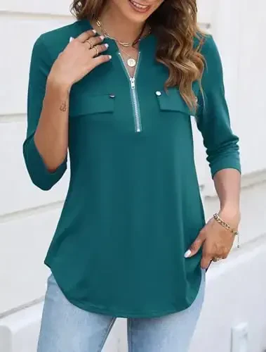 Halife Women's 3/4 Length Sleeve V Neck Flowy Tunic Blouses Work Tops Shirts with Zippers - 4
