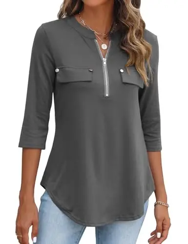 Halife Women's 3/4 Length Sleeve V Neck Zip Flowy Dressy Casual Tops Blouse 