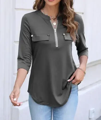 Halife Women's 3/4 Length Sleeve V Neck Flowy Tunic Blouses Work Tops Shirts with Zippers - 2
