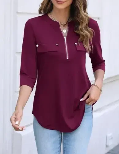 Halife Women's 3/4 Length Sleeve V Neck Flowy Tunic Blouses Work Tops Shirts with Zippers - HALIFE (1)