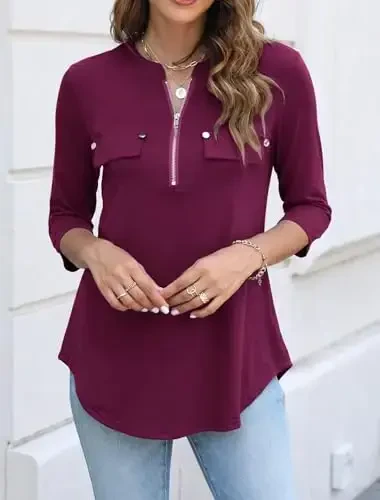 Halife Women's 3/4 Length Sleeve V Neck Flowy Tunic Blouses Work Tops Shirts with Zippers - 3