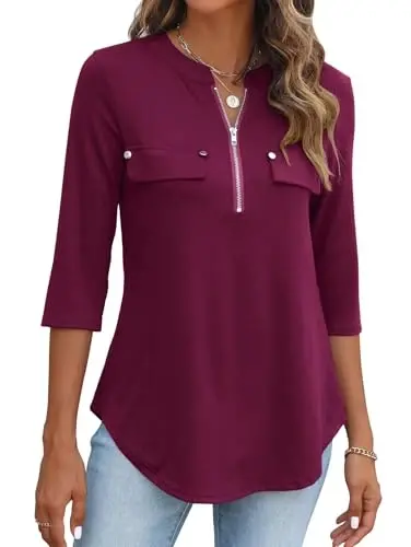 Halife Women's 3/4 Length Sleeve V Neck Flowy Tunic Blouses Work Tops Shirts with Zippers - 1