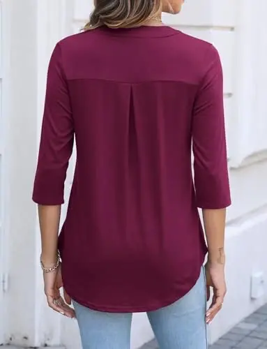 Halife Women's 3/4 Length Sleeve V Neck Flowy Tunic Blouses Work Tops Shirts with Zippers - 4