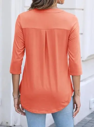 Halife Women's 3/4 Length Sleeve V Neck Flowy Tunic Blouses Work Tops Shirts with Zippers - HALIFE
