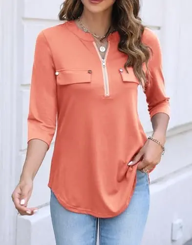 Halife Women's 3/4 Length Sleeve V Neck Flowy Tunic Blouses Work Tops Shirts with Zippers - 2