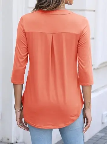 Halife Women's 3/4 Length Sleeve V Neck Flowy Tunic Blouses Work Tops Shirts with Zippers - 3