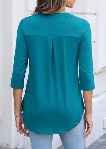 Halife Women's 3/4 Length Sleeve V Neck Zip Flowy Dressy Casual Tops Blouse 