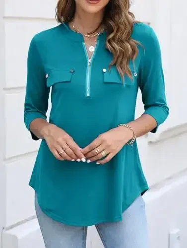 Halife Women's 3/4 Length Sleeve V Neck Flowy Tunic Blouses Work Tops Shirts with Zippers - 3