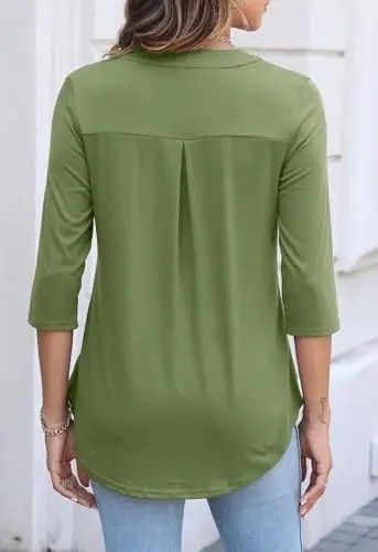 Halife Women's 3/4 Length Sleeve V Neck Flowy Tunic Blouses Work Tops Shirts with Zippers - 4