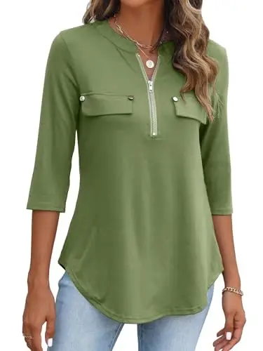 Halife Women's 3/4 Length Sleeve V Neck Zip Flowy Dressy Casual Tops Blouse 