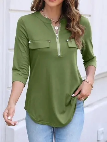 Halife Women's 3/4 Length Sleeve V Neck Zip Flowy Dressy Casual Tops Blouse - HALIFE (1)