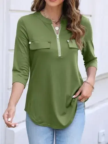 Halife Women's 3/4 Length Sleeve V Neck Flowy Tunic Blouses Work Tops Shirts with Zippers - 2