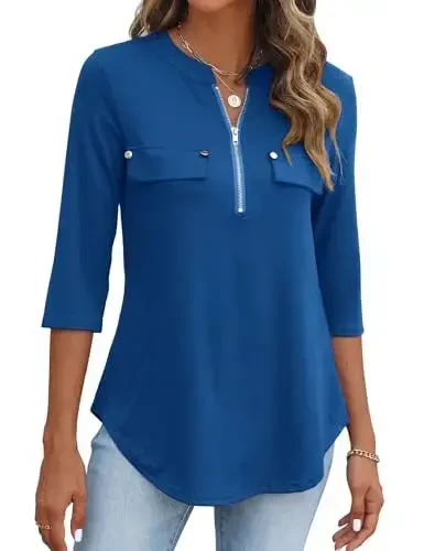 Halife Women's 3/4 Length Sleeve V Neck Flowy Tunic Blouses Work Tops Shirts with Zippers - 1