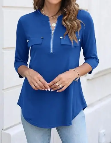 Halife Women's 3/4 Length Sleeve V Neck Flowy Tunic Blouses Work Tops Shirts with Zippers - 3