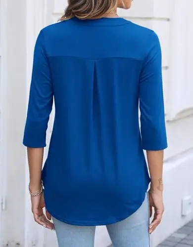 Halife Women's 3/4 Length Sleeve V Neck Flowy Tunic Blouses Work Tops Shirts with Zippers - 4