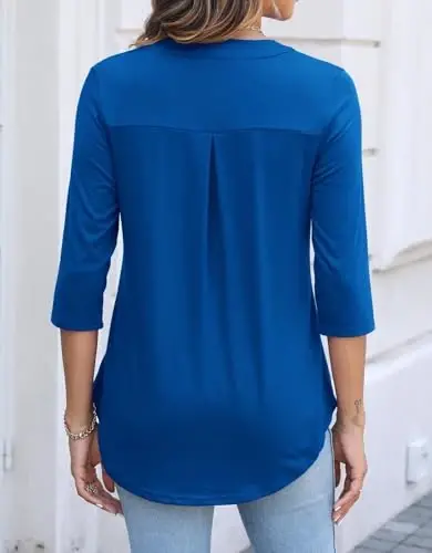 Halife Women's 3/4 Length Sleeve V Neck Flowy Tunic Blouses Work Tops Shirts with Zippers 