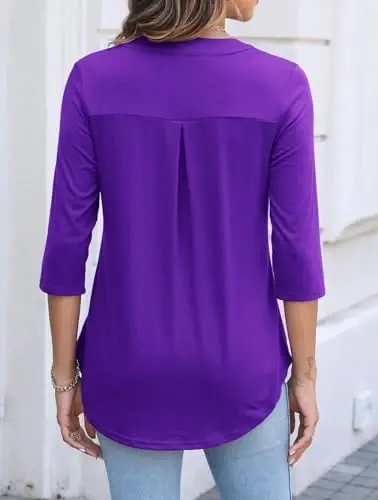 Halife Women's 3/4 Length Sleeve V Neck Zip Flowy Dressy Casual Tops Blouse 