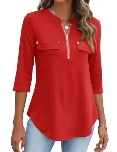 Halife Women's 3/4 Length Sleeve V Neck Flowy Tunic Blouses Work Tops Shirts with Zippers - 1