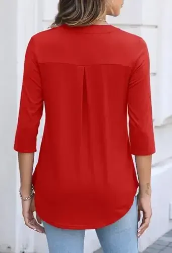 Halife Women's 3/4 Length Sleeve V Neck Flowy Tunic Blouses Work Tops Shirts with Zippers - 5