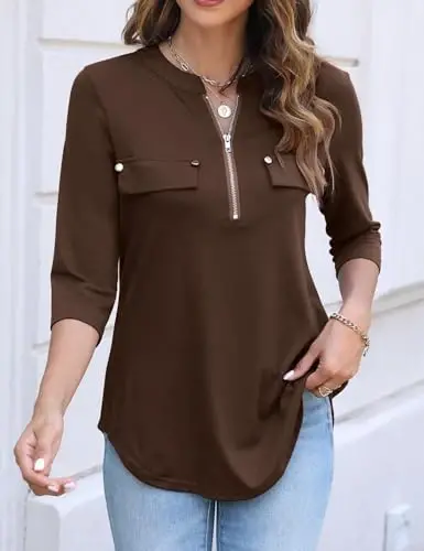 Halife Women's 3/4 Length Sleeve V Neck Flowy Tunic Blouses Work Tops Shirts with Zippers - HALIFE (1)