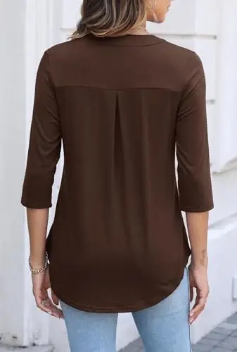 Halife Women's 3/4 Length Sleeve V Neck Flowy Tunic Blouses Work Tops Shirts with Zippers 