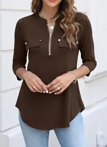 Halife Women's 3/4 Length Sleeve V Neck Flowy Tunic Blouses Work Tops Shirts with Zippers - 3