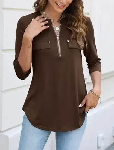Halife Women's 3/4 Length Sleeve V Neck Flowy Tunic Blouses Work Tops Shirts with Zippers - 4