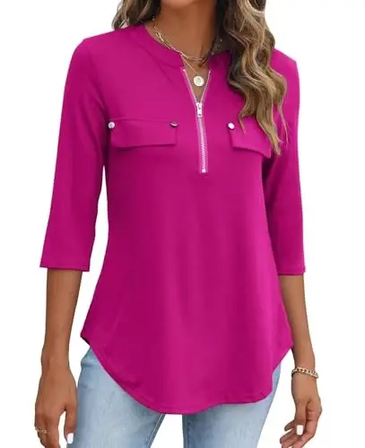 Halife Women's 3/4 Length Sleeve V Neck Flowy Tunic Blouses Work Tops Shirts with Zippers 