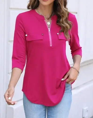 Halife Women's 3/4 Length Sleeve V Neck Flowy Tunic Blouses Work Tops Shirts with Zippers - HALIFE (1)
