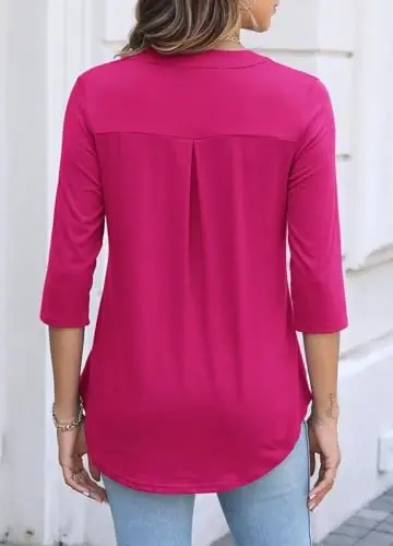 Halife Women's 3/4 Length Sleeve V Neck Flowy Tunic Blouses Work Tops Shirts with Zippers - 1