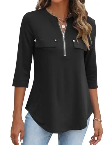 Halife Women's 3/4 Length Sleeve V Neck Flowy Tunic Blouses Work Tops Shirts with Zippers - 1