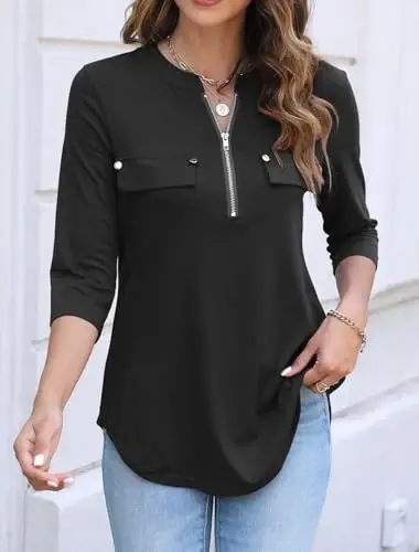 Halife Women's 3/4 Length Sleeve V Neck Flowy Tunic Blouses Work Tops Shirts with Zippers - HALIFE (1)
