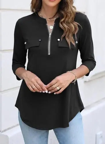 Halife Women's 3/4 Length Sleeve V Neck Flowy Tunic Blouses Work Tops Shirts with Zippers - 3