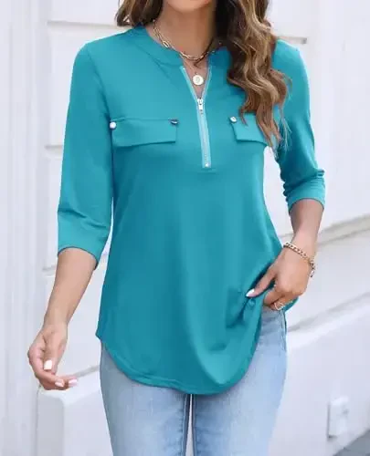Halife Women's 3/4 Length Sleeve V Neck Flowy Tunic Blouses Work Tops Shirts with Zippers - MODAZONE (1)
