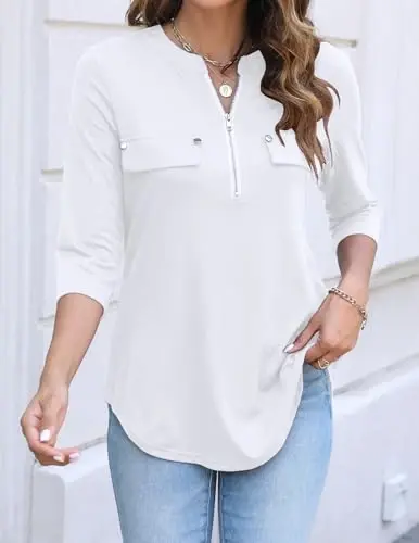 Halife Women's 3/4 Length Sleeve V Neck Flowy Tunic Blouses Work Tops Shirts with Zippers - HALIFE (1)