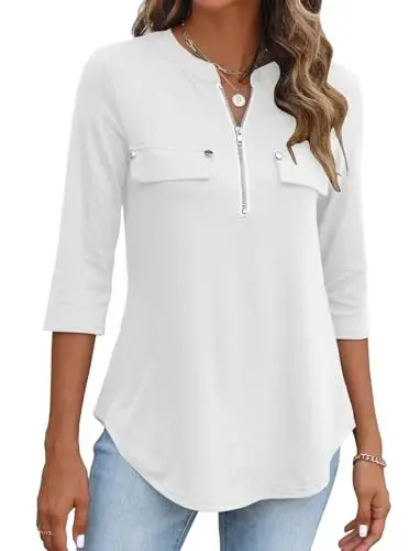 Halife Women's 3/4 Length Sleeve V Neck Flowy Tunic Blouses Work Tops Shirts with Zippers - 1