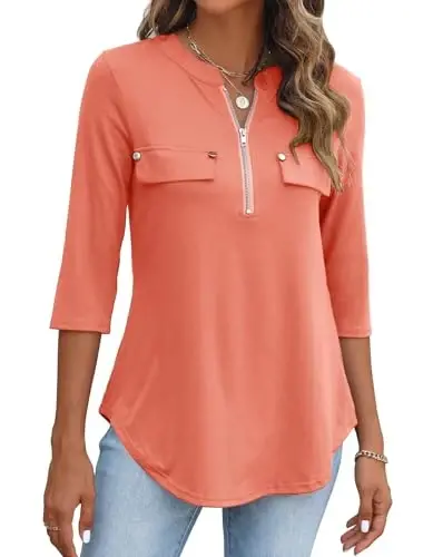 Halife Women's 3/4 Length Sleeve V Neck Flowy Tunic Blouses Work Tops Shirts with Zippers - 1