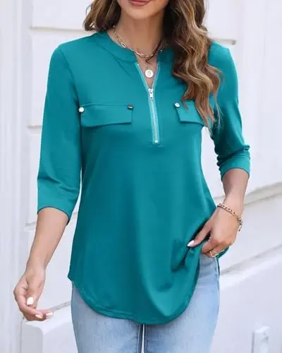 Halife Women's 3/4 Length Sleeve V Neck Flowy Tunic Blouses Work Tops Shirts with Zippers - 2