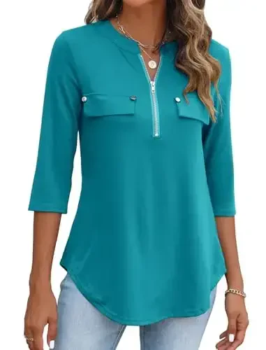 Halife Women's 3/4 Length Sleeve V Neck Flowy Tunic Blouses Work Tops Shirts with Zippers - MODAZONE