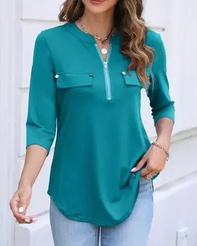 Halife Women's 3/4 Length Sleeve V Neck Flowy Tunic Blouses Work Tops Shirts with Zippers - 2