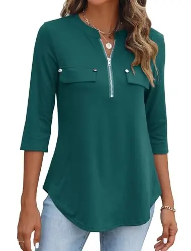 Halife Women's 3/4 Length Sleeve V Neck Flowy Tunic Blouses Work Tops Shirts with Zippers - 1