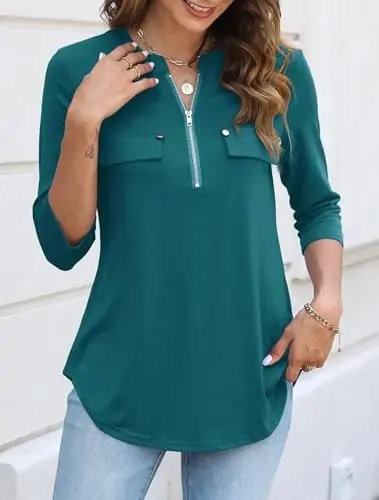 Halife Women's 3/4 Length Sleeve V Neck Flowy Tunic Blouses Work Tops Shirts with Zippers - 4